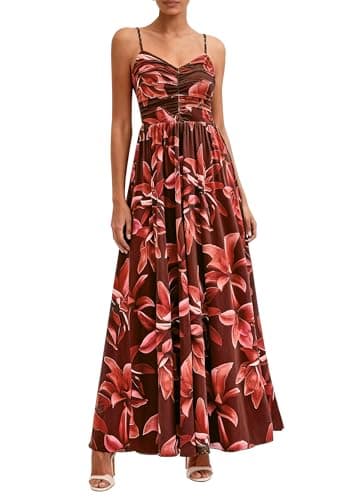 PRETTYGARDEN Women Summer Floral Maxi Dress 2026 Spring Spaghetti Strap Mesh Boho Sundress Party Beach Vacation Long Dresses(Brown Floral,Large) - Image 1