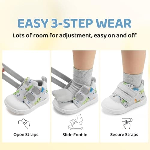 STQ KIDS Wide Toe Box Baby Girls Sneaker Toddler Barefoot Walking Shoes Comfort Infant Tennis Shoe Soft First Walker Non-Slip Mid Top Ankle Support Light Grey Dinosaur 9-12 Months Infant Size 4 US - Thumbnail 6