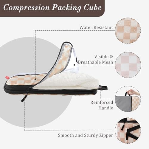U+U 8 Set Compression Packing Cubes - Ultralight Travel Organizers with Laundry Bag and Cosmetic Bag, Space-Saving Suitcase Organizer for Travel, Business Trip and Family Vacation (Khaki Checkered) - Thumbnail 2