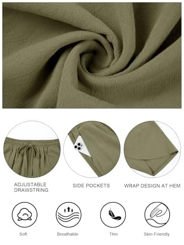 Jiflora Womens Flowy Linen Pants Wide Leg Palazzo Drawstring Elastic Waist Trousers with Pockets Beach Green 01 M - Thumbnail 6