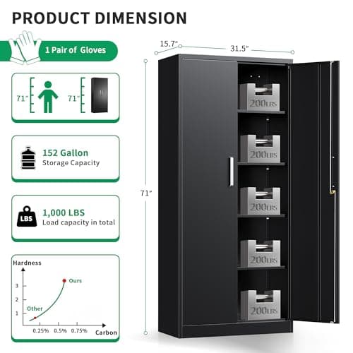 Tivostaral Metal Garage Storage Cabinet with Doors and Adjustable Shelves, 71" Tall Locker Organizer Steel Garage Cabinets, Lockable File Cabinet for Home, Office, Warehouse, Tools - Thumbnail 3