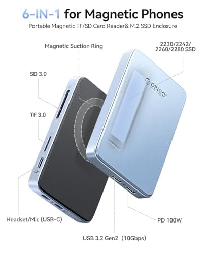 ORICO 10Gbps Magnetic M.2 NVMe SSD Enclosure with USB-C Dock Compatible for Phone 17/16/15 Pro/Max/Plus ProRes Recording TF/SD Card Slot PD 100W for 2230/2242/2260/2280 B+M M-Key Diskless AP80F Blue - Thumbnail 2
