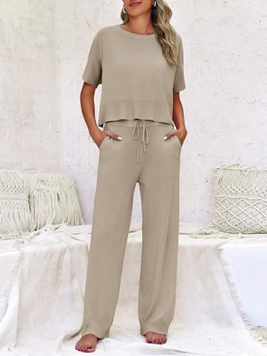 Fisoew Womens 2 Piece Outfits Sweater Sets Knit Split Crop Tops High Waisted Pants Lounge Set - Thumbnail 2