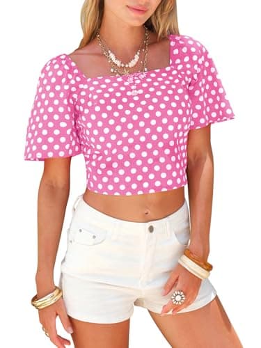 EXLURA Women's 100% Cotton Polka Dot Crop Top Square Neck Open Back Tie Knot Summer Vacation Beach Blouse Cute Ruffle Shirts Pink - Image 1