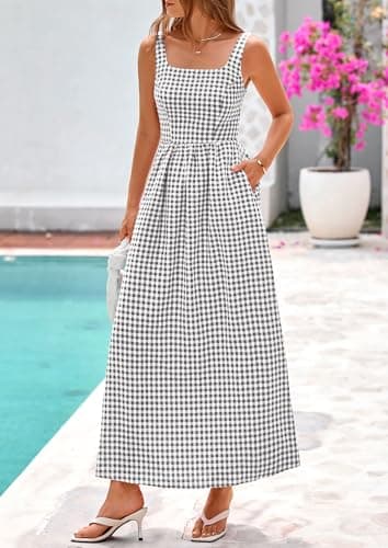PRETTYGARDEN Women's 2026 Summer Spaghetti Strap Maxi Dresses Plaid Square Neck A Line Casual Beach Vacation Long Sundress (Grey,X-Large) - Thumbnail 3