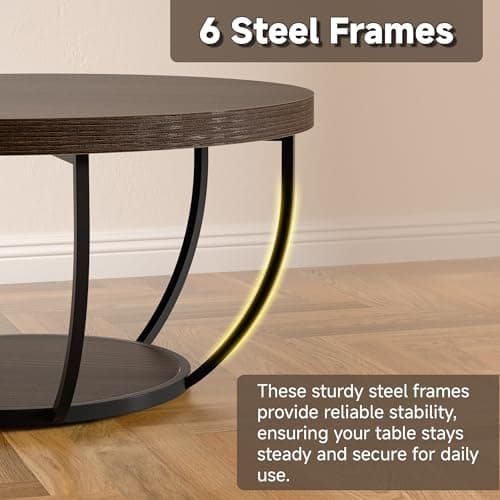 TEROL Round Coffee Table, 31" Coffee Table for Living Room Decor, 2-Tier Storage with Steel Frame, Space-Saving Wood Center Table, Modern Style Easy Assembly (Dark Coffee) - Thumbnail 4