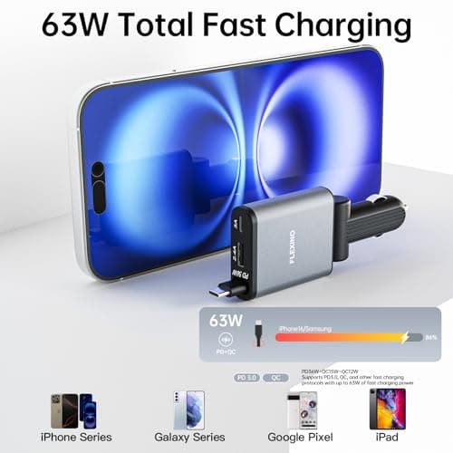 Flexino 【Ultra-Slim】 Retractable Car Charger for iPhone 17, Fast Charging Car Chargers, USB C Car Charger, Cigarette Lighter Adapter for iPhone 17/16/15/14/13/12 Series, Galaxy, Gray, 1 Pack - Thumbnail 3