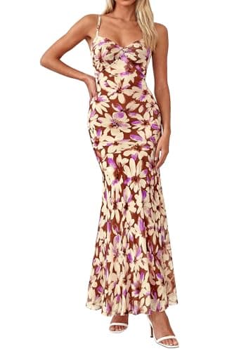 BTFBM Summer Dresses for Women 2026 Spaghetti Straps Sundress Twist Knot Mesh Mermaid Wedding Guest Dress Beach Vacation(Floral Brown Beige, XX-Large) - Image 1