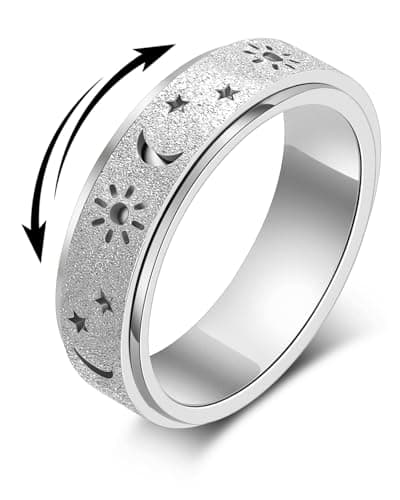 Fidget Toys Adults Anxiety Ring-Fidget Ring Women Men Stress Relief Spinner Fidget Toys Stainless Steel Band with Hollowed Sun Moon Star Sandblasted Surface 6mm Width,18K Gold/Silver Size 6-11 Unisex - Image 1