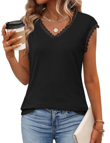 JUSTFASHIONNOW Black Lace Blouse Soft Cap Sleeve Tops for Women Summer V Neck Tank Tops Dressy Casual Shirts Trendy 2026 Clothes(Black,Large) - Image 1