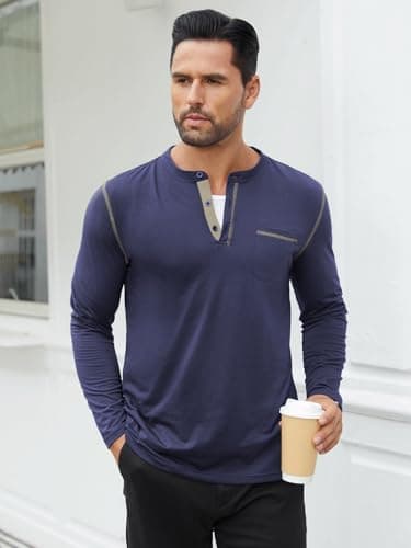 Hardaddy Men's Color Contrast Henley Shirt Long Sleeve Button T-Shirt Lightweight Henley Tshirt for Men Basic Pullover Shirt with Pocket Navy Blue XXL - Thumbnail 3