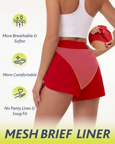 Running Shorts for Women - 3" Athletic High Waist Quick Dry with Liner Zipper Pockets for Workout Gym Red - Thumbnail 4