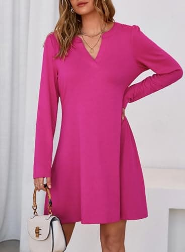Dokotoo Womens Spring Dresses Fashion V Neck Long Sleeve Flowy Dress for Women 2026 Casual Elegant A Line Swing Solid Color Mini Dress Outfits Hot Pink Medium - Thumbnail 5