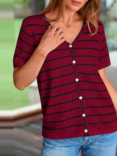 NALANISA Short Sleeve Sweaters for Women Trendy 2026 Spring Summer Tops V Neck Striped Button Up Causal Dressy Blouses (Dark Red,XL) - Thumbnail 5