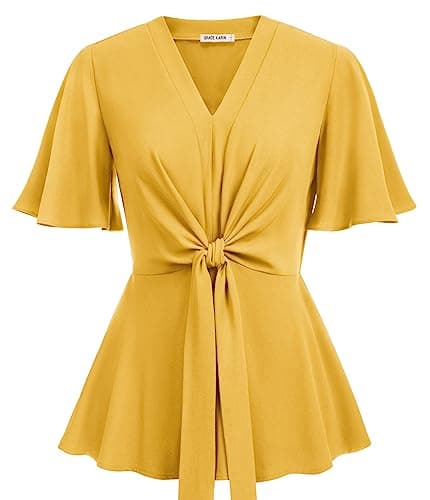 Women's Yellow Peplum Tops V Neck Bell Sleeve Tops Tie Front Elegant Blouses L - Image 1
