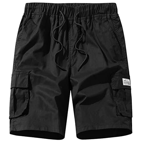 Msmsse Mens Elastic Waist Shorts Cotton Casual Relaxed Fit Multi-Pocket Outdoor Cargo Shorts for Men Black US 32 - Image 1