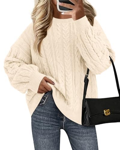 KIRUNDO Oversized Chunky Cable Knit Sweater Women 2026 Fall Fashion Cozy Long Sleeve Crewneck Pullover Winter Clothing(Cream, Medium) - Image 1