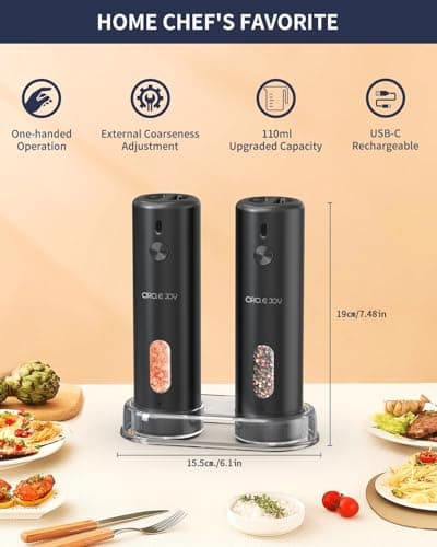CIRCLE JOY Rechargeable Electric Salt and Pepper Grinder Set with Base, Automatic Pepper Mills with 110ml Container, External Adjustable Coarseness, White Led Light and One-Handed Operation, Black - Thumbnail 3