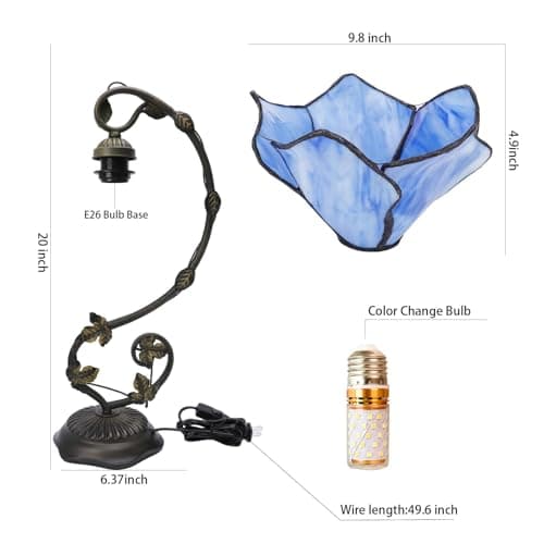 FILIUTF Stained Glass Table Lamp, Blue Flower Style Metal Leaf Base Desk Reading Light, Adjustable 3 Color Temperature Decor for Bedroom Home Office - Thumbnail 5