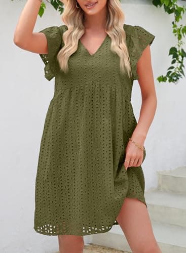 Dokotoo Beach Vacation Clothes for Womens 2026 Summer Casual Short Sleeve V Neck Swing Dress Flowy Cutout Ruffle Dress Trendy Gowns and Evening Dresses Spring Party Dresses Green X-Large - Thumbnail 2