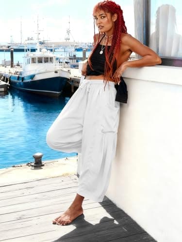 COCOMARTS Womens Linen Wide Leg Palazzo Pants Casual Loose Elastic Drawstring Flowy Pant 2025 Fall Travel Baggy Harem Pants with Pocket White X-Large - Thumbnail 6