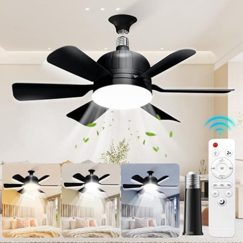 YUNICE Socket Fan Light with Remote 18 Inch Black Socket Ceiling Fan Light Socket Fan with Adjustable LED 3 Speeds E26/E27 Screw In Ceiling Fan for Bedroom Kitchen Garage - Image 1