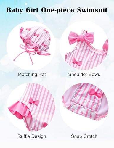 GEMLON Baby Swimsuit Girl Ruffled Color Block Stripe Bow Strap One Piece Bathing Suit with Hats 18-24 Month Swimsuit Girl - Thumbnail 5