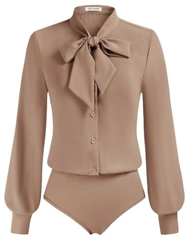 Kate Kasin Womens Button Down Shirt Business Casual Work Professional Blouse Dress Casual Bow Tie Neck Bodysuit Tops Camel XXL - Image 1