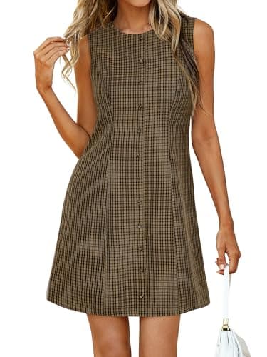 BTFBM Summer Dresses for Women 2026 Plaid Sleeveless Zip Up A Line Mini Dress Business Casual Vacation Gingham Sundress(Brown, Small) - Image 1