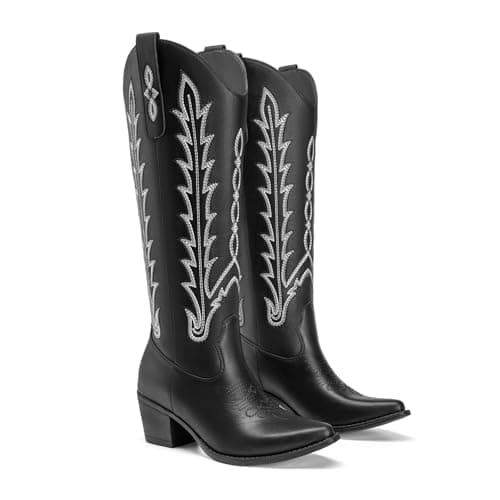 Athlefit Black Cowboy Boots for Women Cowgirl Knee High Comfortable Slip On Chunky Heel Square Toe Western Embroidered Tall Long Boots for Country Concert Black Size 10 - Thumbnail 4