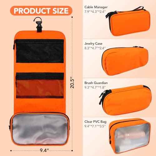 Idcymoul Travel Toiletry Bag 5-Piece Kit, Hanging Toiletries Bag+TSA Approved Cosmetic Bag+Jewelry Bag+ Brush Bag+Cable Bag, Professional Travel Essentials Accessories Organizer for Women - Orange - Thumbnail 3