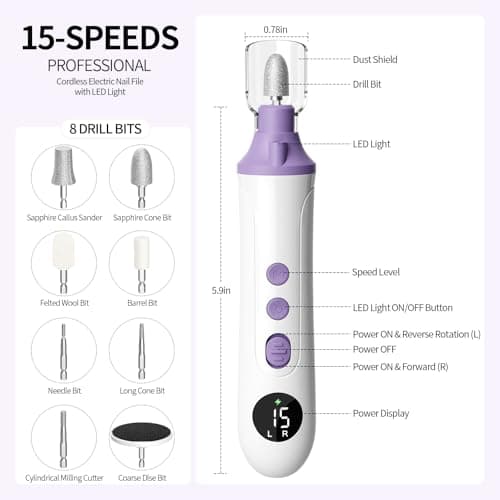 Ccigedy Electric Nail Drill, Professional Cordless Nail File Sander with LCD & Lamp, Rechargeable Toenail Grinder for Women, Manicure Pedicure Kit for Thick Toenails Acrylic Gel Dip Powder Nails - Thumbnail 6