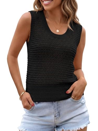Saodimallsu Womens Summer Crochet Cover Up Sleeveless Scoop Neck Mesh Knit Beach Vacation Sweater Vest Black - Image 1