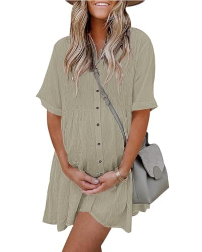 AUSELILY Women's Summer Babydoll Dress Casual Short Sleeve Sundress Button Down Dresses with Pockets Khaki Gray S - Image 1