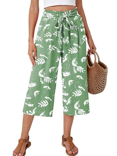 Moodclo Women's Capri Pants White Flower Green Small Casual Palazzo Trousers with Pockets Loose High Waisted Wide Leg Lounge Pants - Image 1