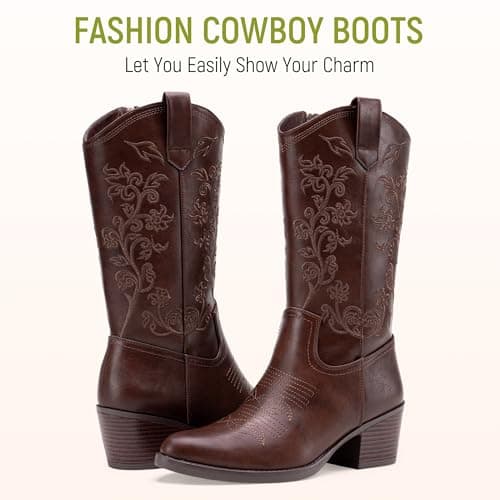 Vepose Brown Cowboy Boots for Women Embroided Cowgirl Boots 9803 Western Mid-Calf Pull on Pointed Toe Shoes for Ladies with Inside Zipper Size 9.5 (CJY9803 Whisky 09.5) - Thumbnail 6