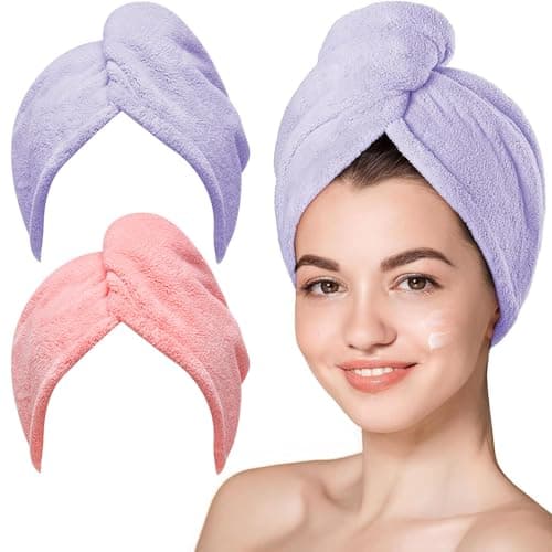 Hicober Microfiber Hair Towel, 2Packs Hair Turbans Wrap for Women Wet Hair, Hair Drying Towels for Curly Hair Anti Frizz(Purple,Pink) - Image 1