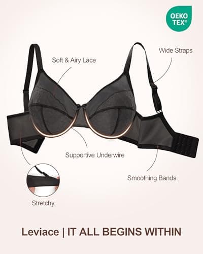 leviace Minimizer Bras for Women Full Coverage Underwire - Back Smoothing, Plus Size Minimizer Bra for Large Bust, Comfortable Heavy Breast Support Bra, Black, 36C - Thumbnail 6