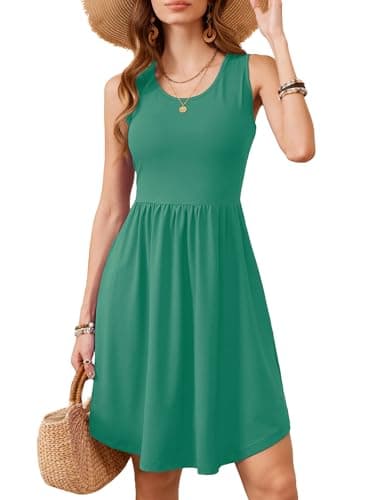 Moodclo Women's Summer Casual Tank Dress Malachite Green Large 2026 Sleeveless Sundress with Pockets Knee Length Beach Travel - Image 1