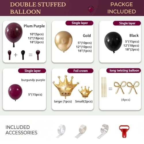 Double Stuffed Dark Burgundy-Purple, Black, Gold Balloon Arch Garland Kit - Thumbnail 4