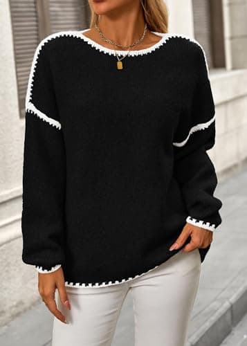 KIRUNDO Womens Sweaters 2026 Fall Oversized Long Sleeve Chunky Knit Crew Neck Contrast Stitching Pullover Winter Clothes(Black, X-Large) - Thumbnail 3