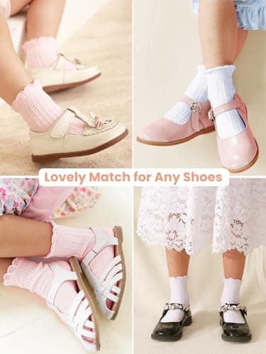 ALLOVIN 6 Pairs Non-Slip Ruffle Lace Socks for Baby & Toddler Girls – Soft Cotton Grip Socks | Pure White/Off-White/Pink | 3-5 Years - Thumbnail 4