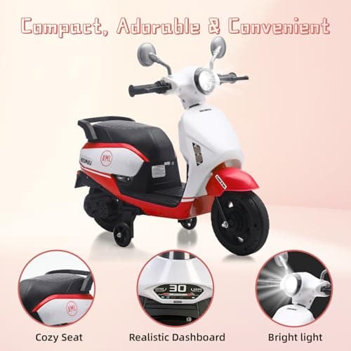 HEIMILI 6V Toddler Motorcycle, Kids Electric Moped for 1-3 Years, 2 Wheel Ride On Scooter with Training Wheels, Music & Headlight, 2 MPH Speed for Boys Girls (Red) - Thumbnail 5