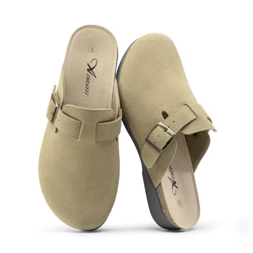Athlefit Womens Clogs Dressy Casual Taupe Slip On Shoes Buckle Comfortable Cork Footbed Mules for Women with Arch Support for Fall Walking Going Out 9.5 - Image 1