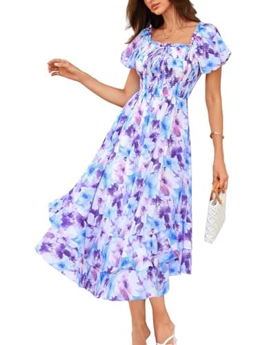 GRACE KARIN Womens Summer Floral Maxi Dress 2026 Flowy Wedding Guest Dress A Line Boho Dresses Fashion Clothing with Pockets Blue Purple Floral M - Image 1