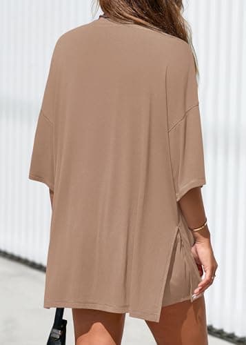 KIRUNDO 2 Piece Sets for Women Summer Lounge Sets Casual Oversized Tshirts Shorts Matching Airport Travel Outfits Postpartum(Khaki, X-Large) - Thumbnail 2