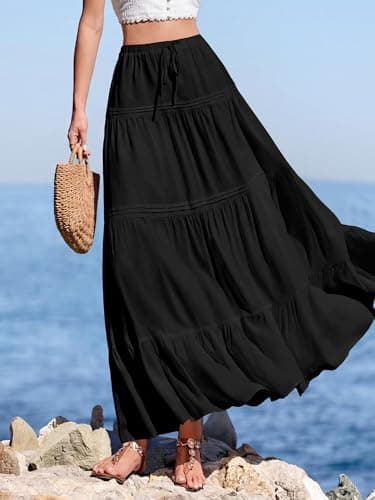 BTFBM Spring Skirts for Women 2026 Summer Boho Beach Vacation Clothes Casual Pleated High Waisted Flowy Maxi Skirt(Black, X-Large) - Thumbnail 5