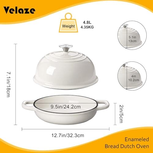 Velaze Enameled Cast Iron Dutch Oven for Bread Baking,5 QT Bread Oven Pot with Dome Lid for Crispy Artisan Bread & Bakery-Style Homemade Loaves(White) - Thumbnail 3