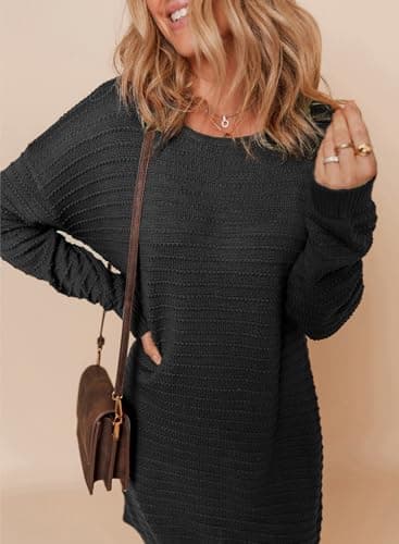 Dokotoo Women Lightweight Mini Sweater Dresses Batwing Long Sleeve Crewneck Textured Pullover Jumper 2025 Solid Short Sweater Dresses Fall Dress for Wedding Guest Large Black - Thumbnail 3