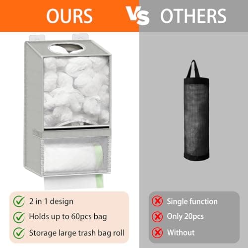 Spaclear Wall Mount Plastic Bag Holder - Large Oxford Cloth Grocery Bag Holder, 2-in-1 Plastic Bags Organizer with Trash Roll Dispenser for Home Kitchen Closet Cabinets Sink, Gray - Thumbnail 3
